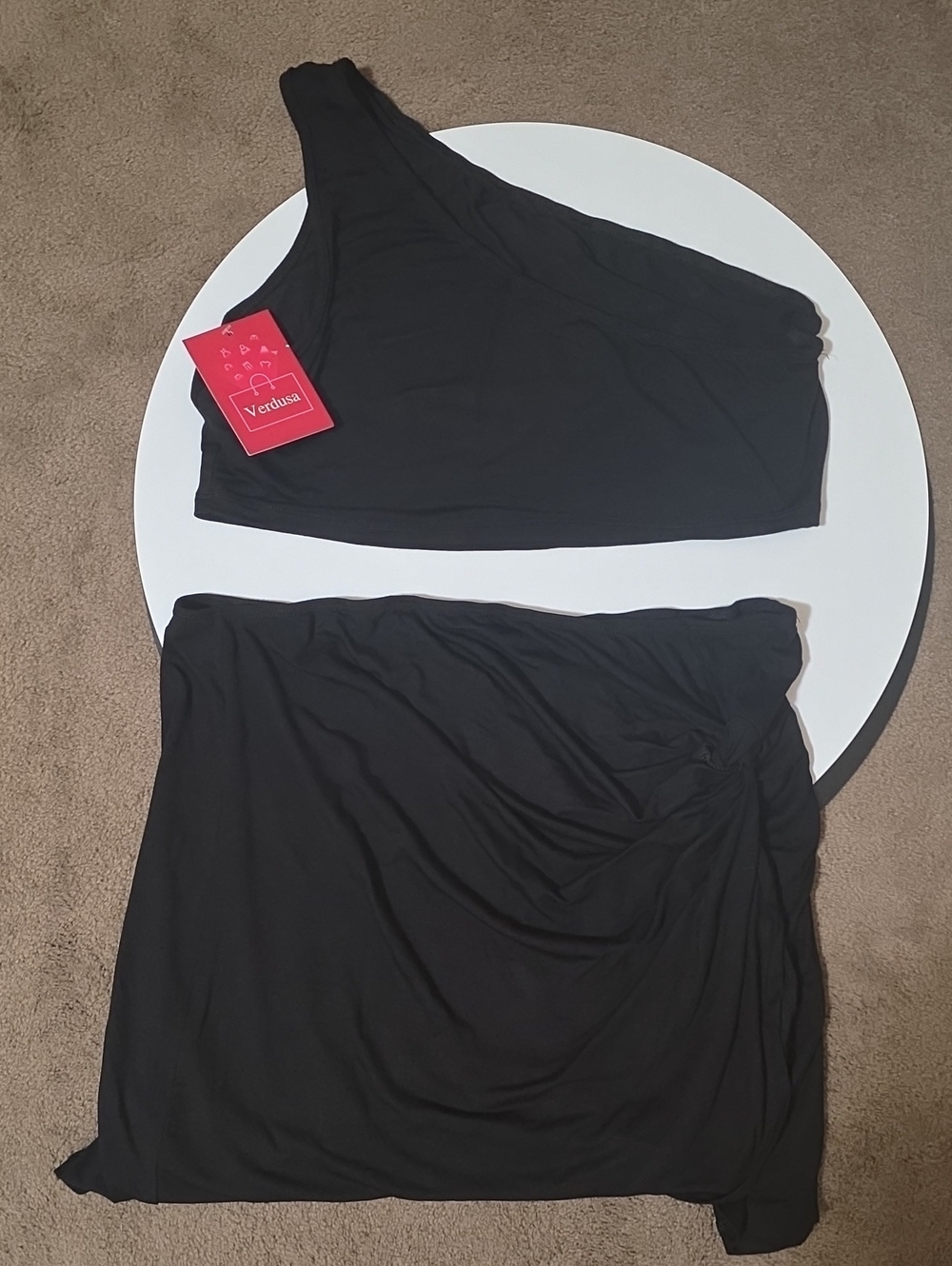 Verdusa Black One-Shoulder Two-Piece Dress Set